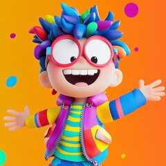 Playful Cartoon Character with Colorful Hair and Exciting Expression