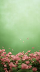 Surreal Greenhouse Rooftop with Suspended Stardust and Blooming Flowers in Dreamlike Atmosphere on Soft Green Background