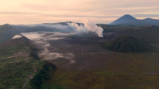 active, adventure, aerial landscape, aerial view, asia, bromo, bromo volcano, cloud, cloudy, destination, drone, east java, eruption, fog, hiking, indonesia, island, java, landmark, landscape, light, 