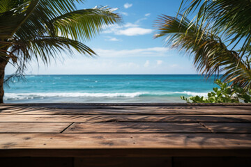Summer tropical sea with waves, palm leaves and blue sky with clouds.  with wooden table in the foreground,.    Generative AI