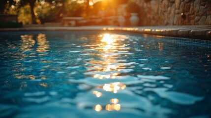 Sunlight reflects on calm pool water during evening hours in a serene backyard