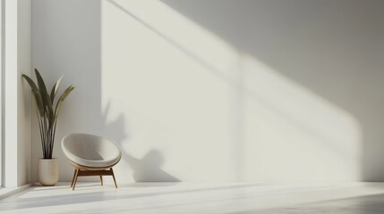 Fototapeta premium Spacious Minimalist Home Interior with Natural Light, Neutral Tones, Indoor Plant, and Elegant Chair in Modern Design Concept