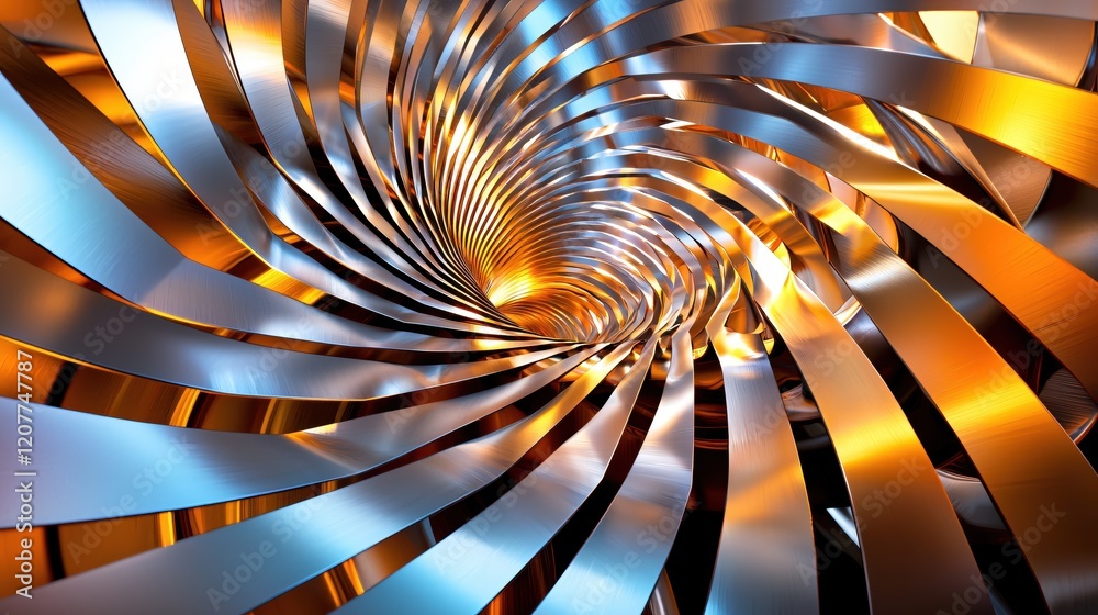 Fototapete Abstract spiral metal structure with gold and silver reflection creating a dynamic pattern