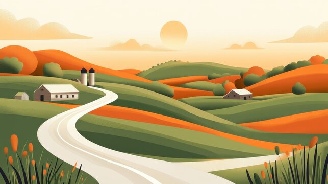 Idyllic countryside landscape depicting rolling hills and winding road at sunset