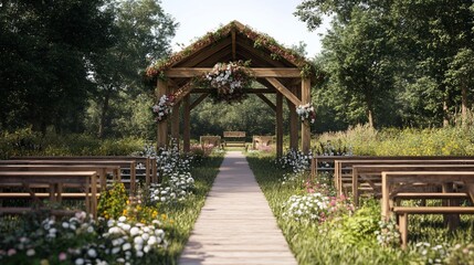 Rustic Wooden Wedding Ceremony in a Sunny Forest