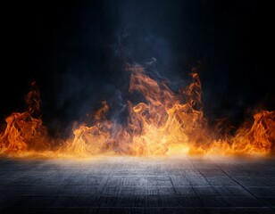 fire flames dark scene background and smoke float up the floor for display products