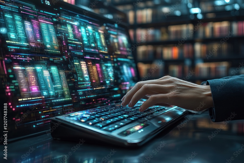 Poster futuristic workspace with a person typing on a glowing keyboard in a library