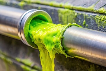 Chartreuse slimy substance wrapped around a metal pipe, scientific research, lab experiment, twisted shape