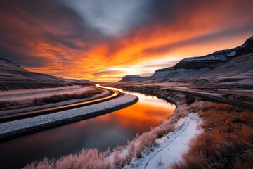 Fototapeta premium A peaceful bend in the Green River at sunset, with orange and purple hues reflecting in the still water