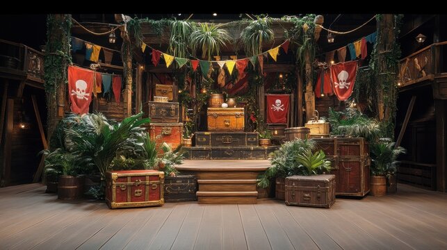Pirate-themed treasure room with wooden crates and lush greenery
