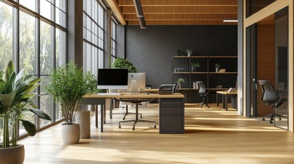 Obraz premium The cozy office coworking interior features PC computers and a shelf, all arranged thoughtfully to enhance productivity.