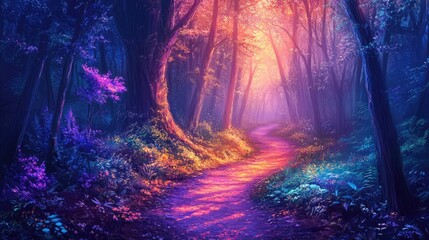 Fototapeta premium Vibrant Forest Trail Illuminated by Multicolored Lights with Lush Greenery and Dense Trees Surrounding the Pathway