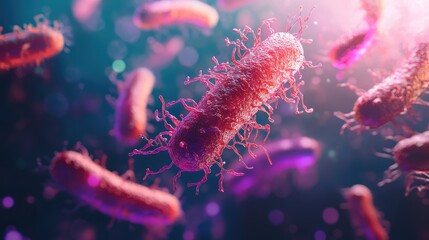Microscopic View of Bacterial Cells with Colorful Detailing Against a Soft Focus Background in Scientific Illustration