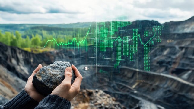 Person Holding Rock with Mining Data Overlay in Nature Landscape