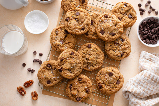 Chocolate chip cookies with pecan nuts, freshly baked cookies on a cooling rack