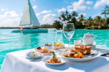 A personal butler serving breakfast on a private balcony of a luxury yacht, overlooking turquoise waters