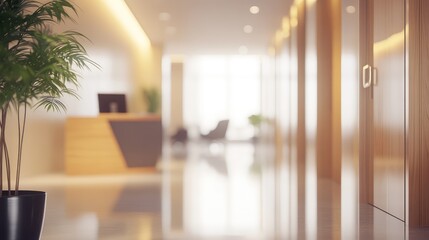 Contemporary law office interior featuring wooden cabinetry, soft natural lighting, green potted plant, and blurred reception area background.