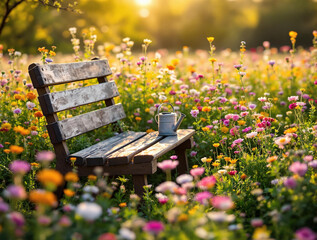 A rustic garden bench surrounded by blooming wildflowers, a watering can placed beside it, golden sunlight illuminating the scene, blurred spring meadow in the background, tranquil and natural vibe