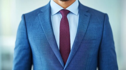 Professionalism and Style: A close-up of a man's navy blue suit with a maroon tie, exuding an air of confidence, sophistication, and authority.