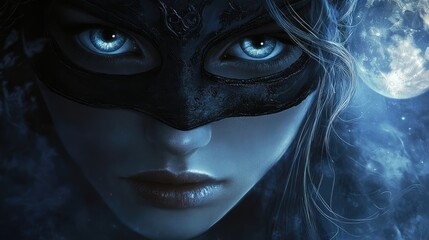 Enchanting mask with luminous blue eyes exuding ethereal magic under a captivating moonlit night sky in shades of black and blue.