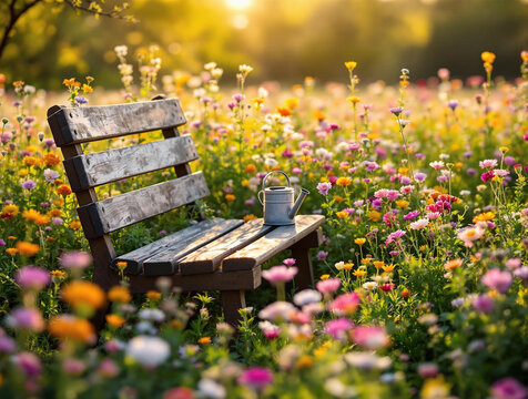 A rustic garden bench surrounded by blooming wildflowers, a watering can placed beside it, golden sunlight illuminating the scene, blurred spring meadow in the background, tranquil and natural vibe