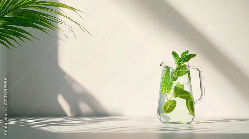 Aufkleber mint infused water in glass pitcher with palm leaf and strong shadows on white surface