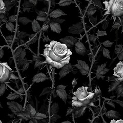 Seamless Pattern - Monochrome roses with thorns on a dark background.