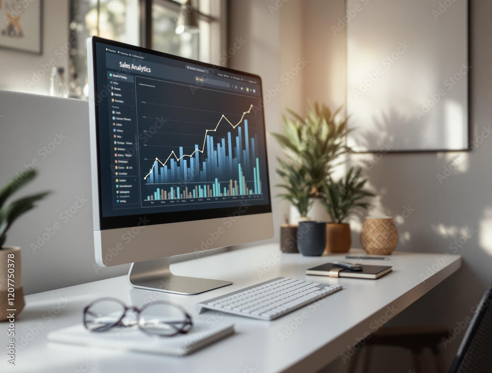 Poster a modern workspace with a white desk, a computer monitor displaying a financial chart, a keyboard, a mouse, and a pair of glasses. There is a potted plant and a framed picture in the background.