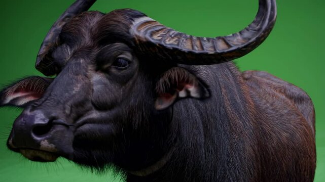 Buffalo with impressive horns poses in front of green background during studio shoot