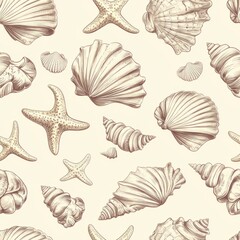 Seamless Pattern - Seashells and starfish pattern, beach theme.