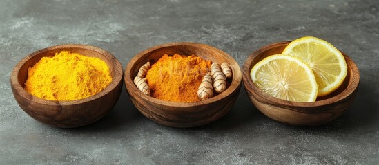 Ginger turmeric powder and fresh lemon slices in wooden bowls on textured gray background with empty copy space for wellness and detox concepts