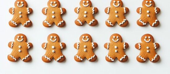 Gingerbread Cookies with Festive Decorations on White Background Top View Featuring Space for Text in Holiday-Themed Color Palette