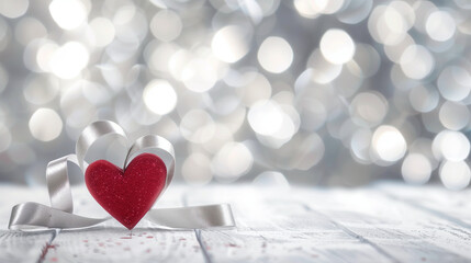 A small red glittery heart encircled by a silver ribbon, placed on a weathered wooden surface with a backdrop of soft, silver - toned bokeh lights. This charming composition exudes a romantic and fest