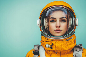 Female astronaut wearing orange spacesuit and helmet posing for a portrait celebrating women's history copy space