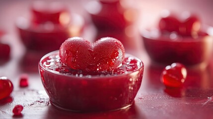 Glossy Red Hearts with Dewdrops in a Vibrant Romantic Setting Glossy Dew-Covered Romantic Heart Designs Close-Up Artistic Valentine Elements Vibrant Love-Themed Festive Backdrops