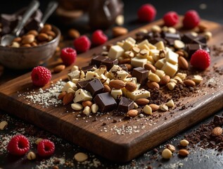 a wooden cutting board with a variety of food items on it, including chocolate bars, nuts, and raspberries. There are also bowls and additional raspberries scattered around the board.