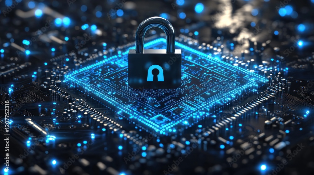 Poster digital security concept featuring a padlock on a microchip with glowing circuits