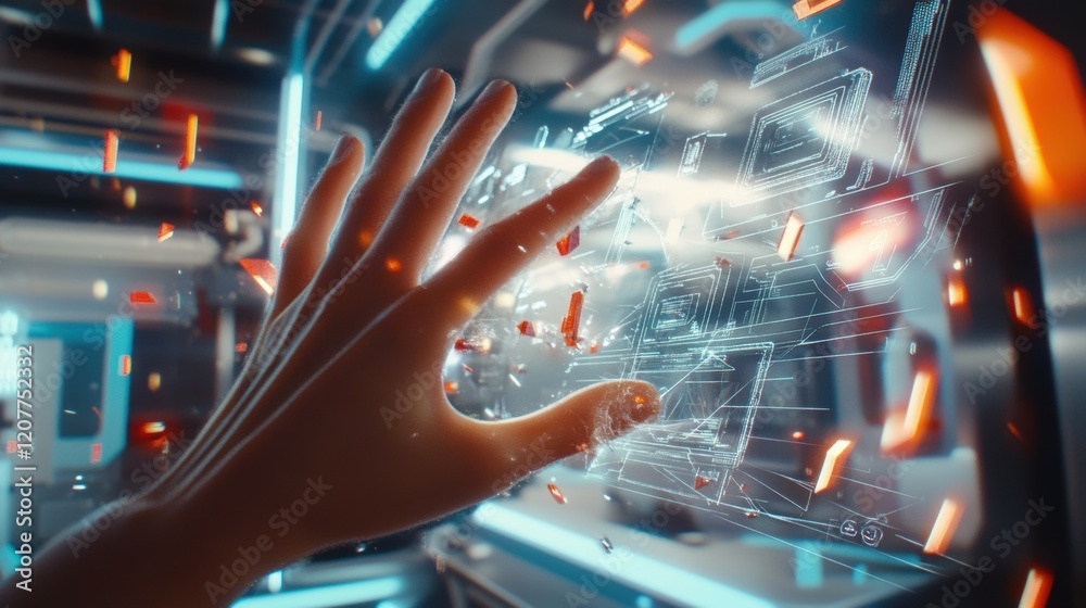 Poster hand interacting with a holographic futuristic user interface, displaying server activity within a s