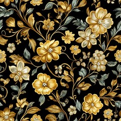Seamless Pattern - Elegant gold floral pattern on black background