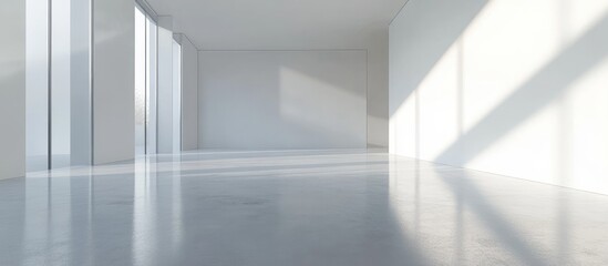 Obraz premium Spacious minimalist interior with bright white walls and polished concrete floor, ideal for serene decor and customizable text placement.