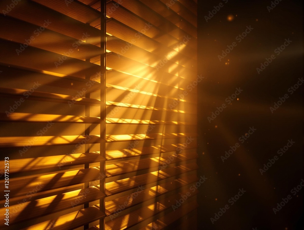 Poster a window with Venetian blinds, through which warm, yellowish light is streaming in, creating a pattern of light and shadow on the blinds.