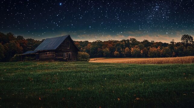 Romantic rustic cabin under a starry night sky in a scenic autumn countryside farm field with green grass and harvest vibes