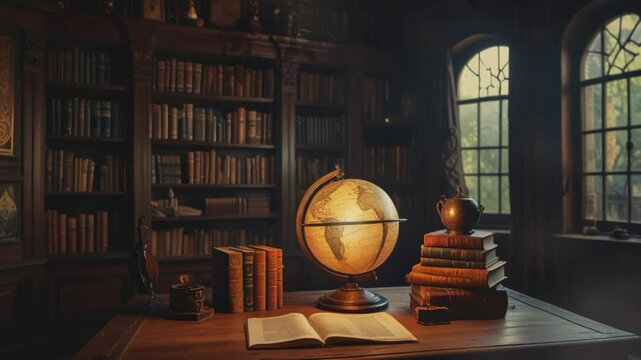 Old library with wooden buildings, 4K seamless looping virtual video animation background