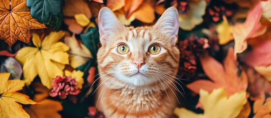 Ginger Cat Surrounded by Vibrant Autumn Leaves in Shades of Orange Yellow and Red with Lush Greenery and Blooms in Outdoor Setting