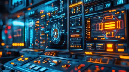 Illuminated by vibrant blue and orange lights, a complex digital interface displays various data streams on a futuristic control panel, highlighting advanced technology and real time monitoring