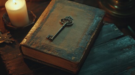 Antique Leather Bound Book with Silver Key on Dark Wooden Surface Lit by Candlelight in Dimly Lit Detective Setting