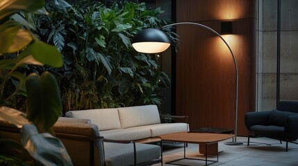 Stylish modern interior design with elegant lamp vibrant greenery and comfortable seating creating a cozy inviting atmosphere