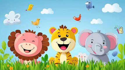 A cheerful illustration of cartoon animals enjoying a sunny day in a grassy field.