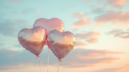 Obraz premium Floating Heart Balloons in Pink and Gold Against a Cloudy Sky Romantic Balloon Displays Against Natural Backdrops Cloud-Inspired Valentine Day Balloon Photography Elegant Pink and Gold Floating 
