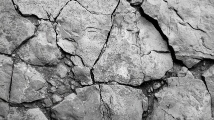 Textured Gray Stone Wall Featuring Large Irregular Cracks and Pores Suitable for Wallpaper Background or Design Elements